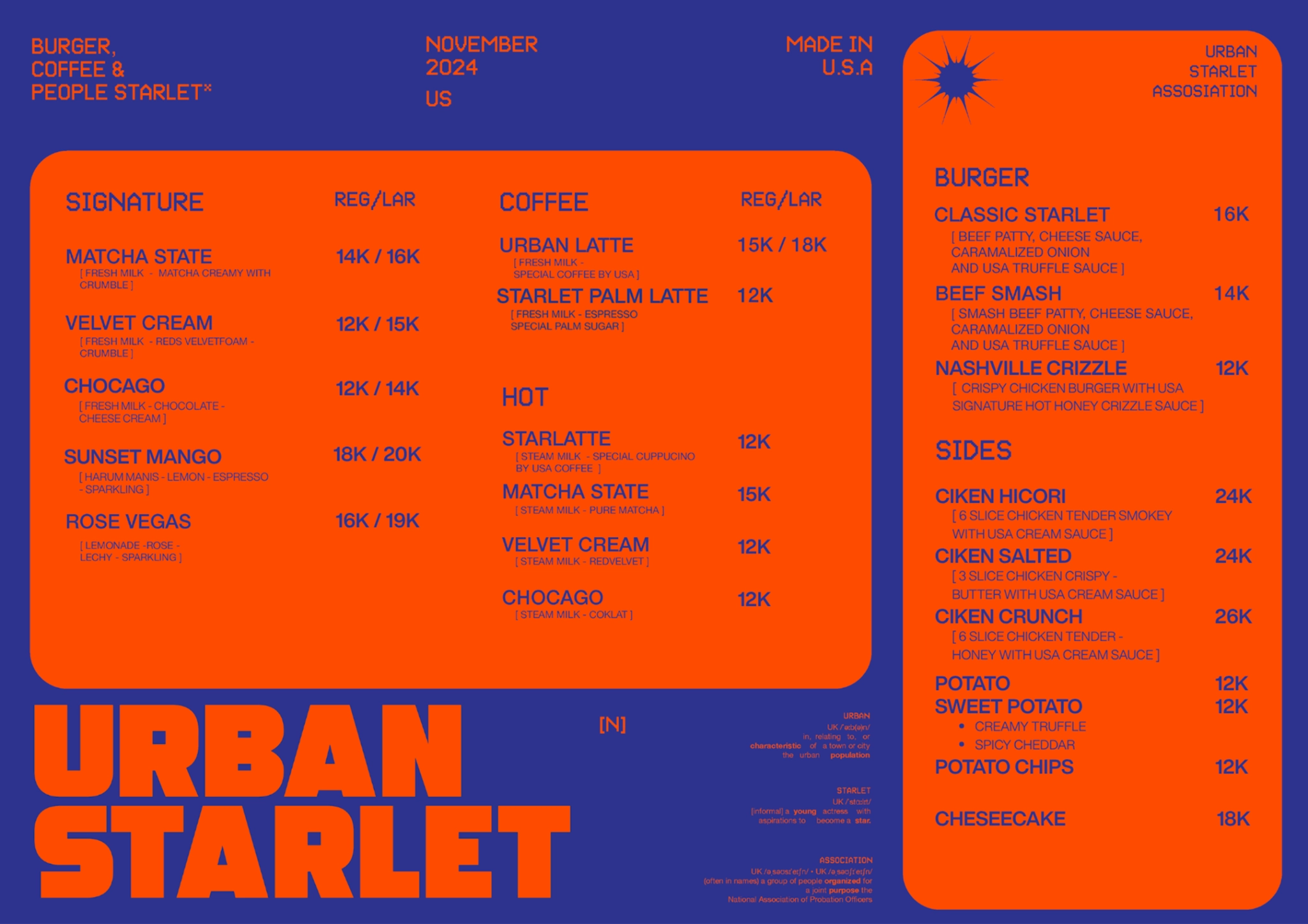 URBAN STARLET menu — Signature drinks, coffee, hot beverages and sides